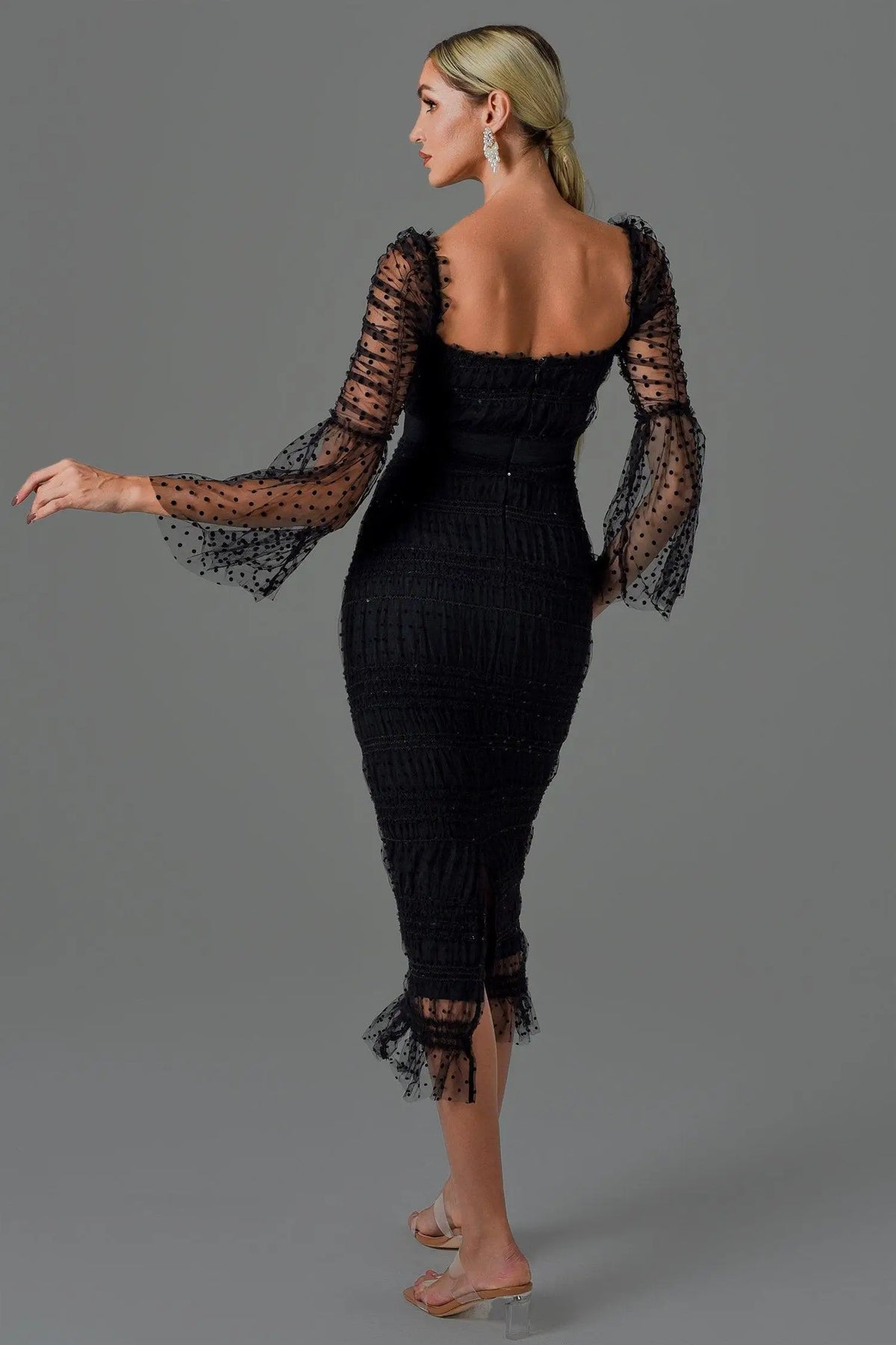 Black Polka Dot Mesh Long Sleeve Midi Dress