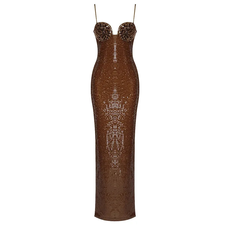 Brown Sequin Flower Camisole Maxi Dress