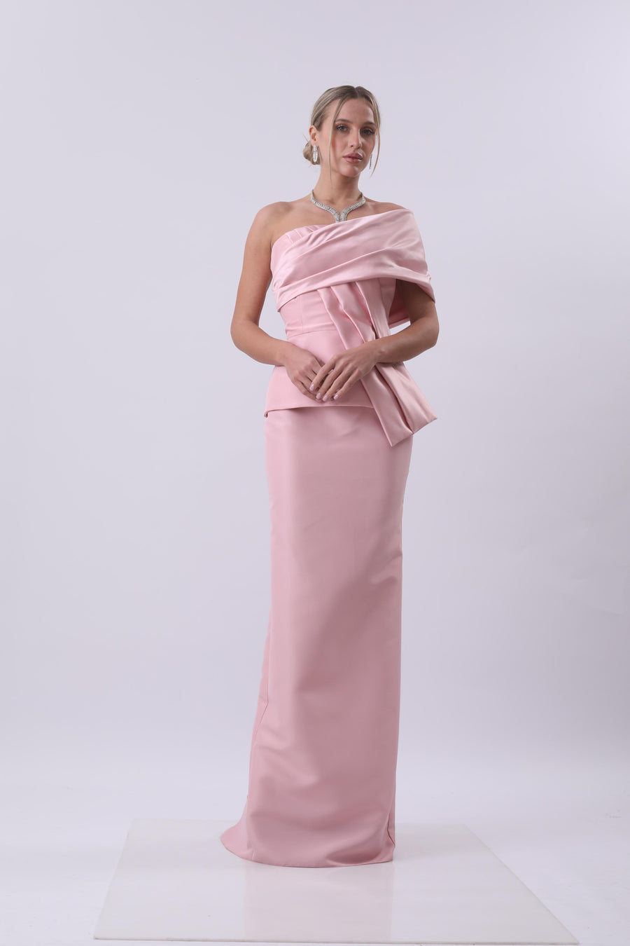 Blush Satin One-Shoulder Draped Gown