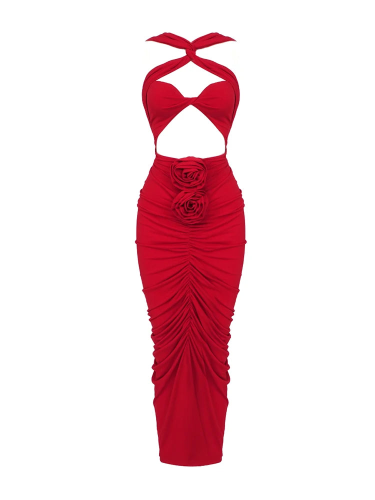 Red Ruched Cut-Out Halter Maxi Dress