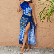 Floral One-Shoulder Swimsuit & Sarong Set