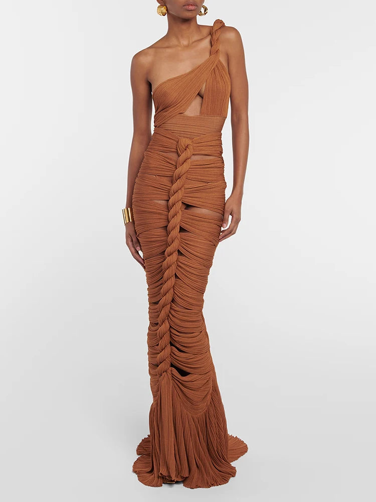 Rust One Shoulder Maxi Dress | Braided Draped Gown with Side Cutout MYLINE
