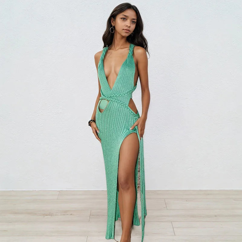 Emerald Knit Backless Halter Maxi Dress