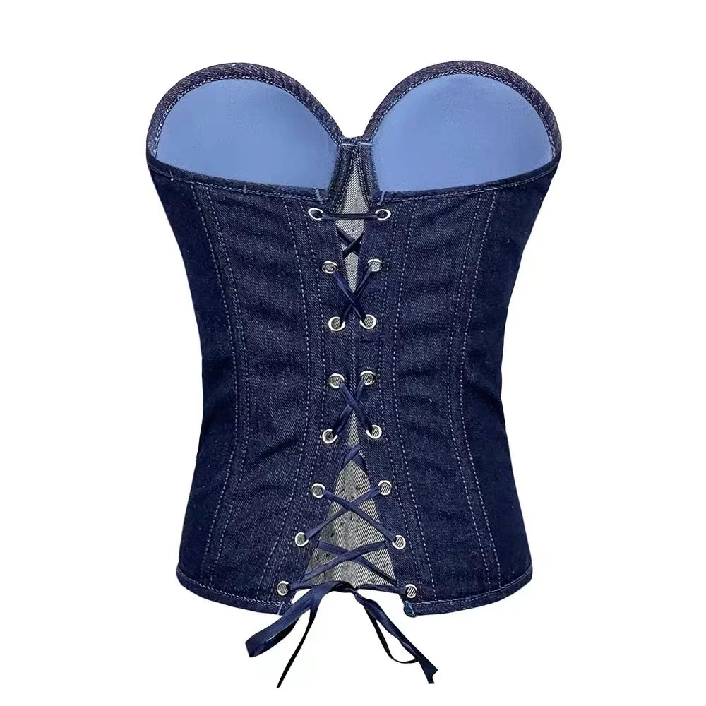 Denim Rhinestone Bustier Corset Top