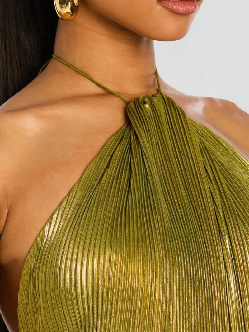 Metallic Halter Maxi Dress with Pleated Skirt