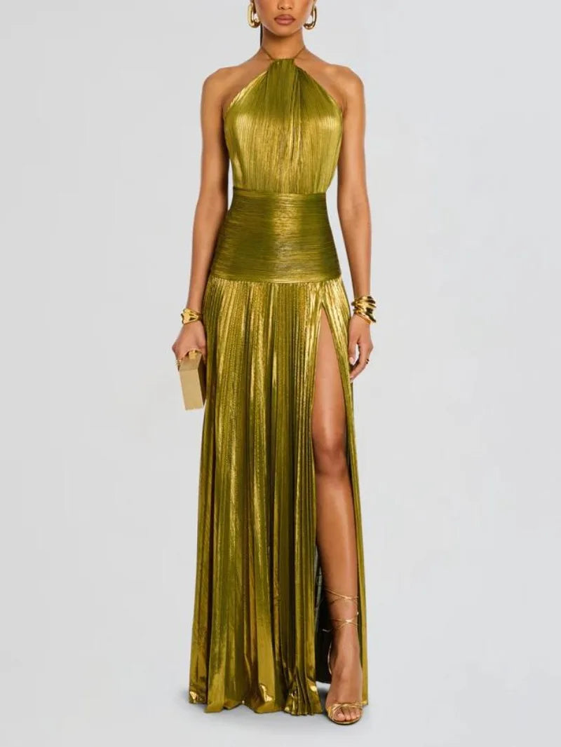 Metallic Halter Maxi Dress with Pleated Skirt