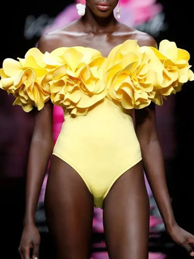 3D Flower Off-Shoulder One-Piece Swimsuit