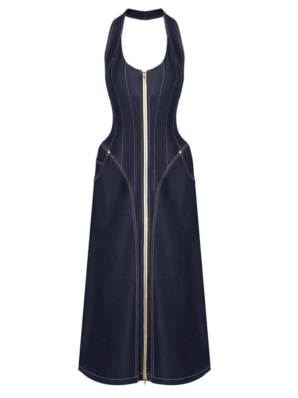 Dark Denim Halter Maxi Dress