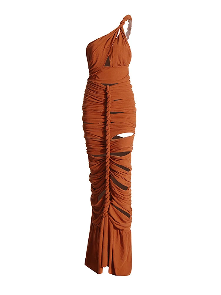 Rust One Shoulder Maxi Dress | Braided Draped Gown with Side Cutout MYLINE