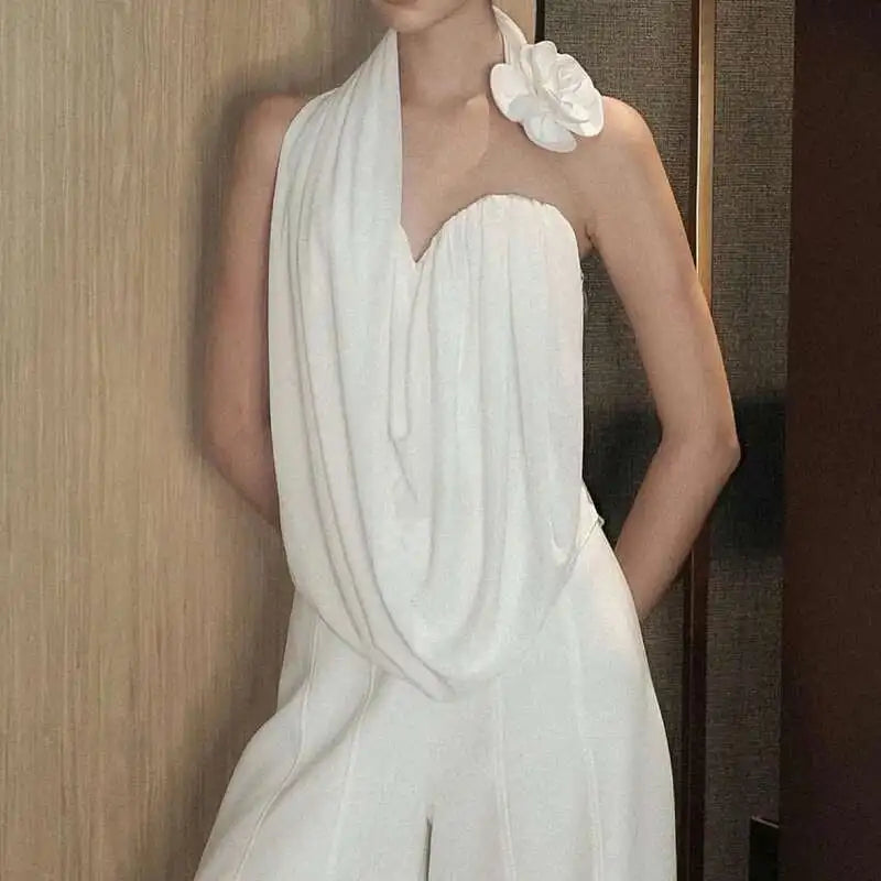 Elegant White Halter Draped Camisole Jumpsuit