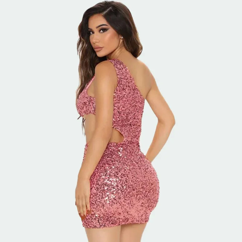 Pink Sequin One-Shoulder Cut-Out Mini Dress
