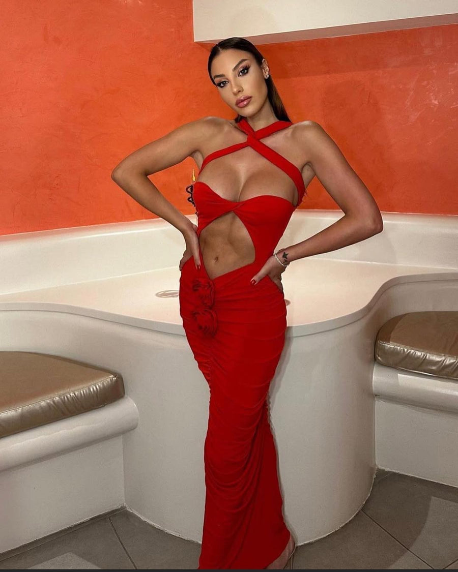 Red Ruched Cut-Out Halter Maxi Dress