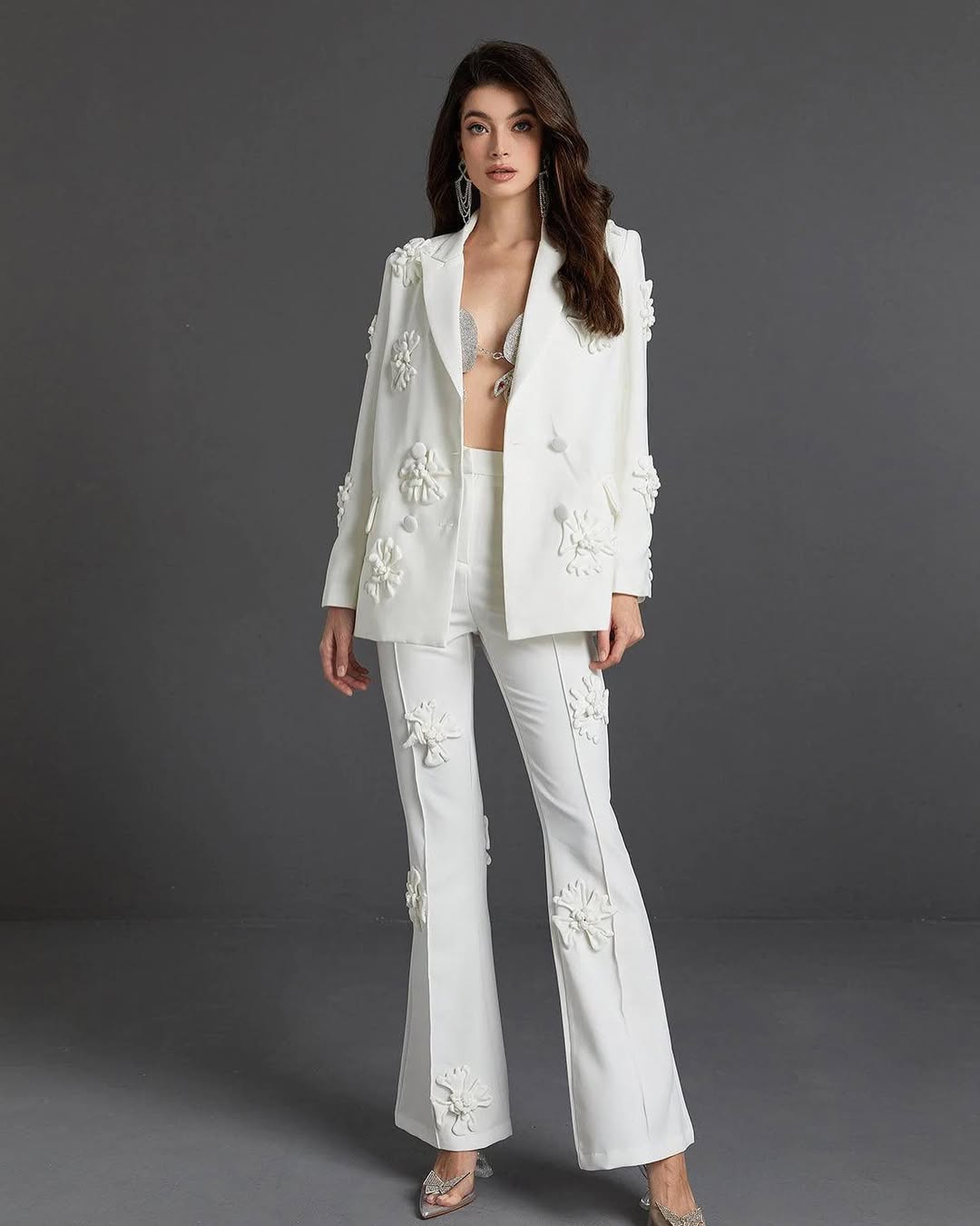Elegant Floral Appliqué Blazer & Pants Suit Set
