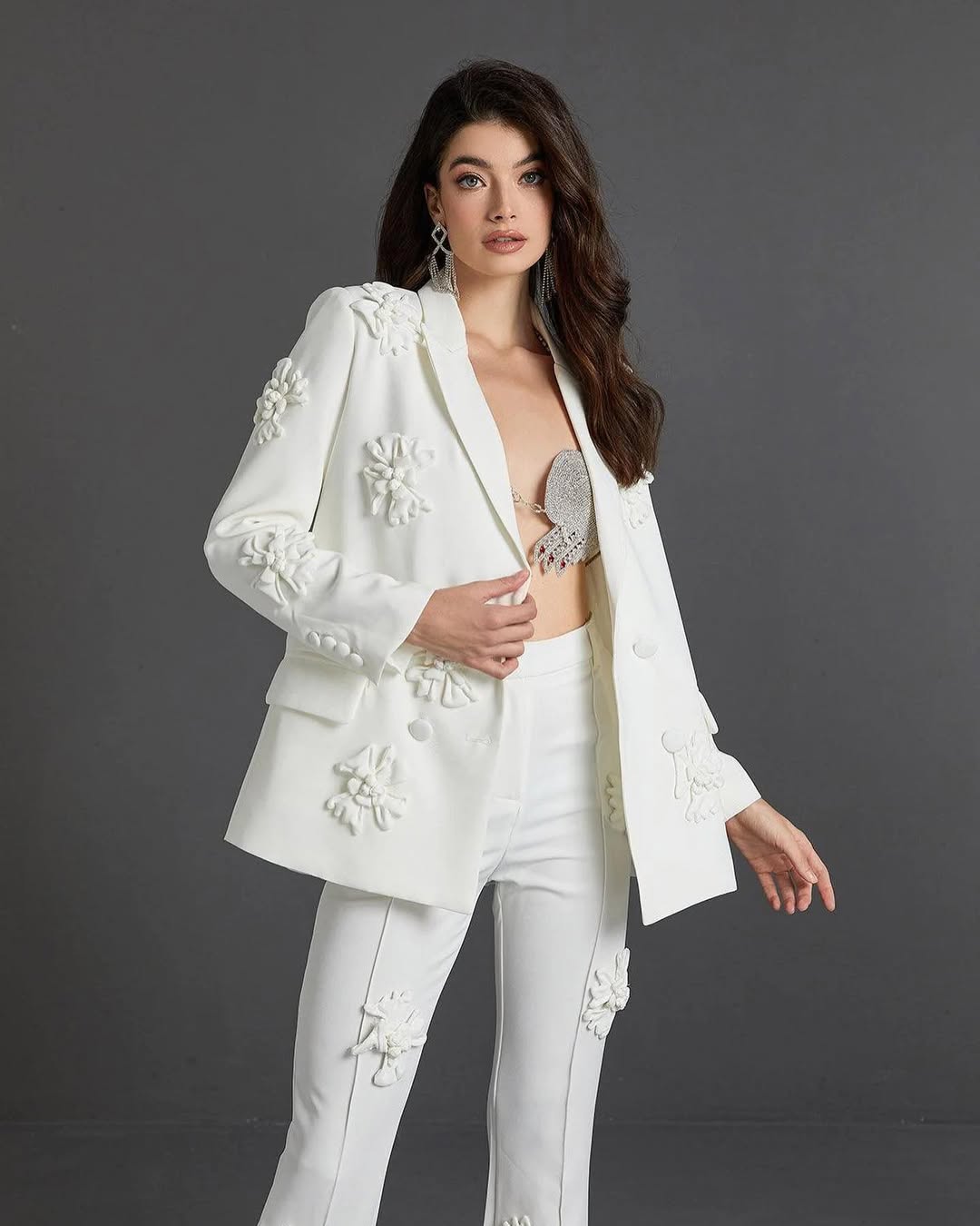 Elegant Floral Appliqué Blazer & Pants Suit Set