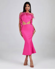 Pink Feather Cut-Out Mermaid Bandage Dress