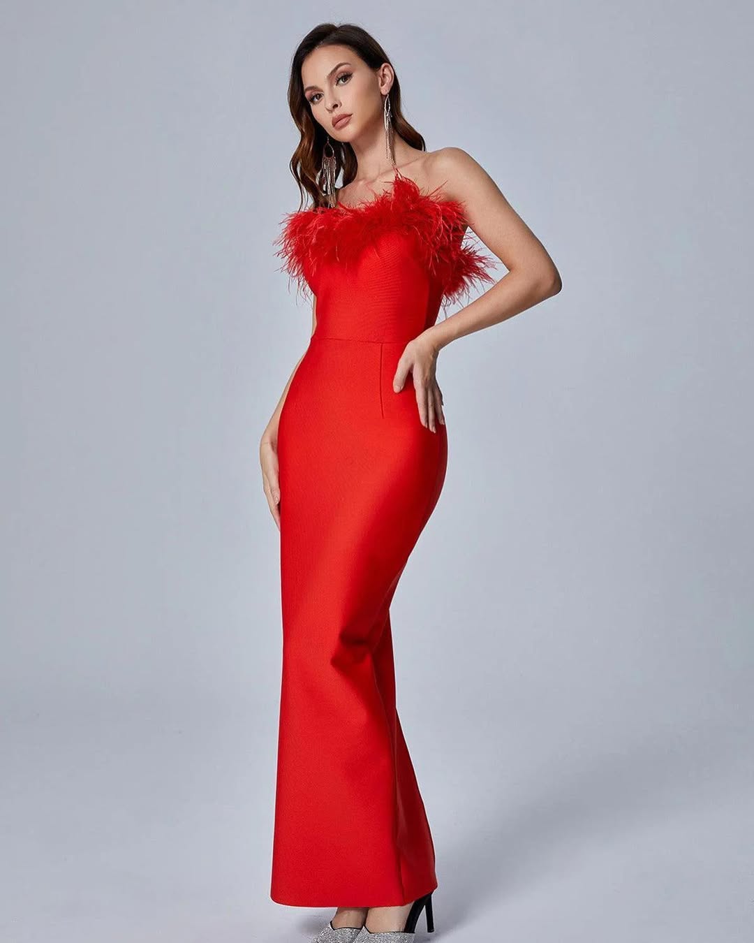 Feather Off-Shoulder Maxi Dress