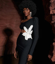 Midnight Bloom One-Shoulder Cut-Out Midi Dress