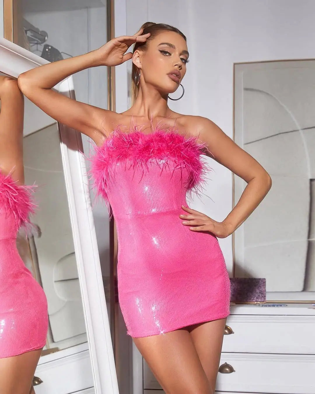Sequin Feather Mini Dress | Strapless Party Bodycon MYLINE