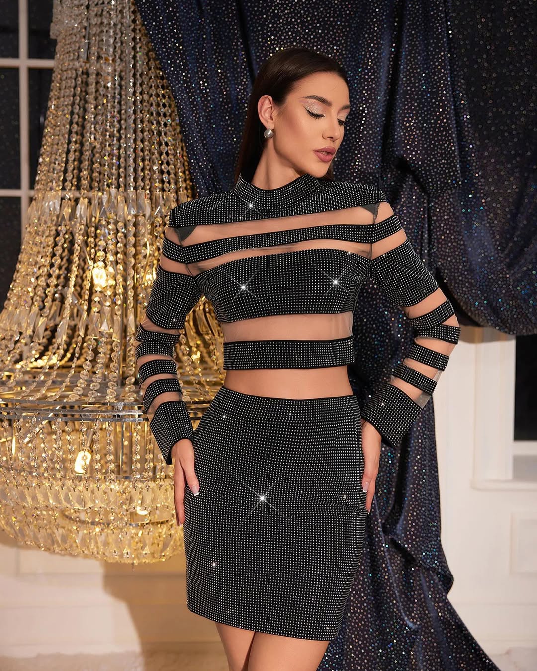 Black Rhinestone Two Piece Set