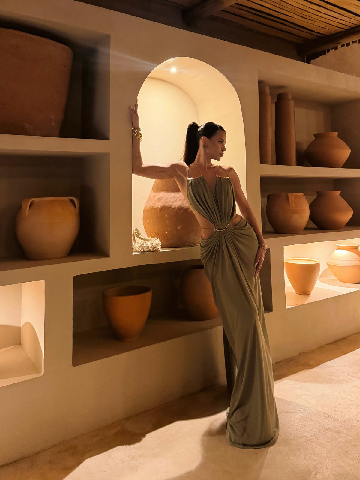 Olive Muse Backless Maxi Dress