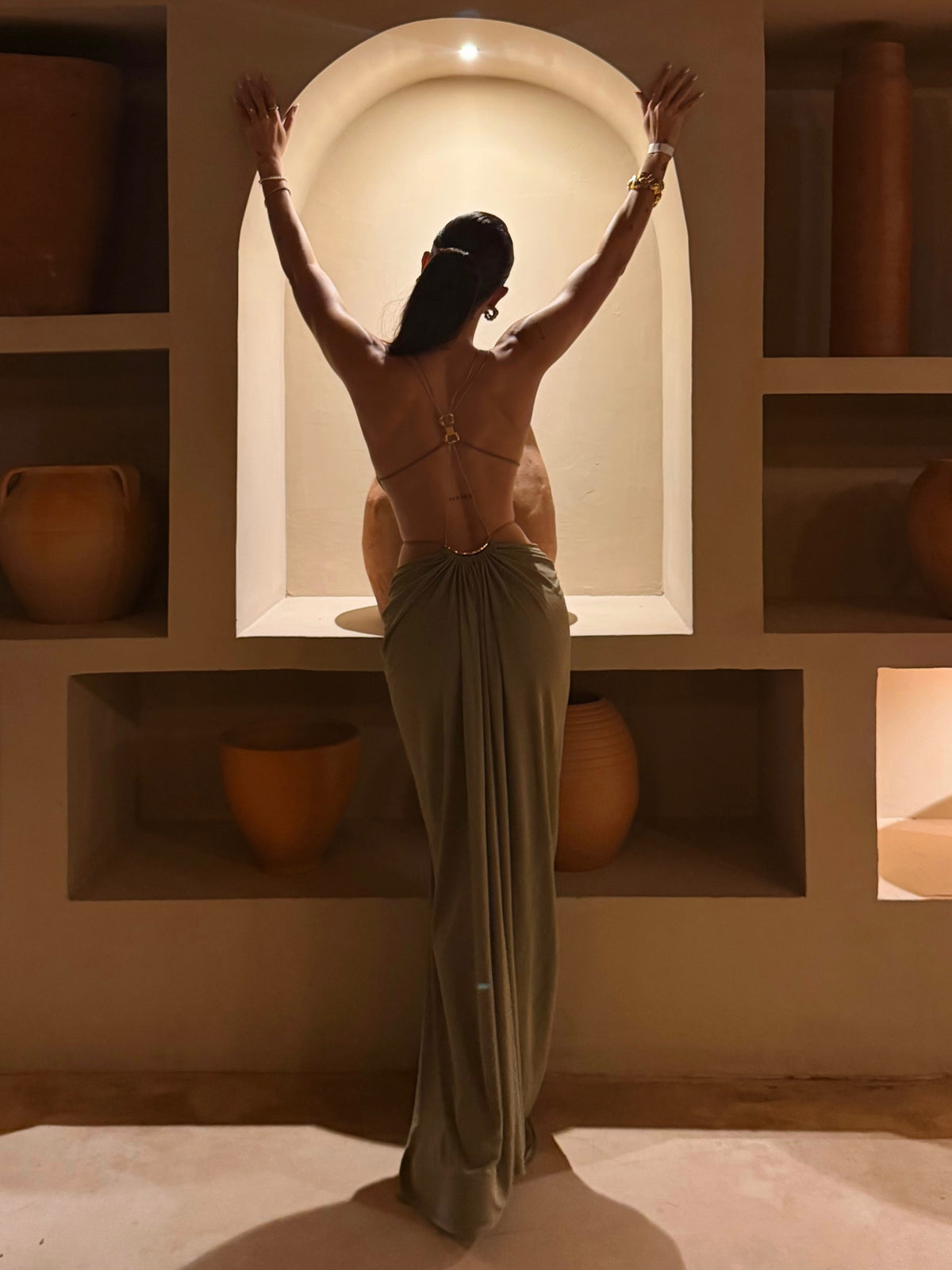 Olive Muse Backless Maxi Dress