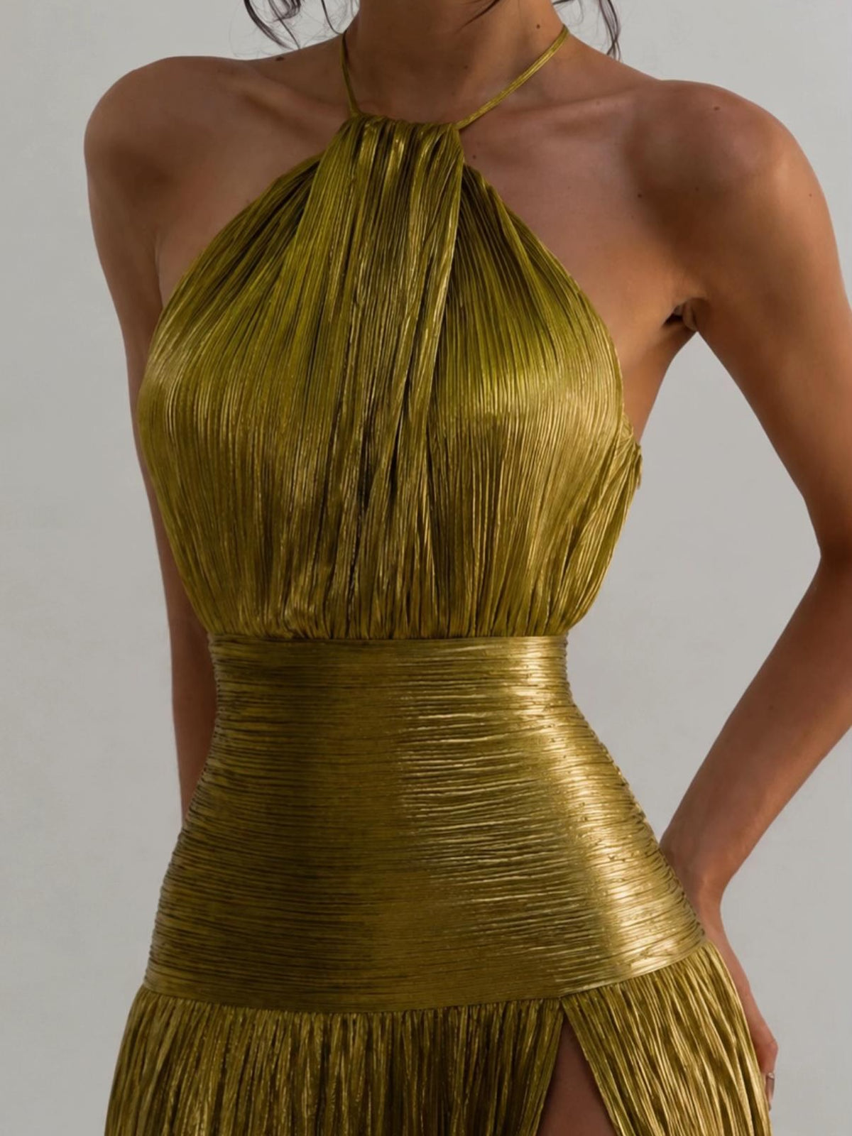 Celeste Metallic Halter Maxi Dress