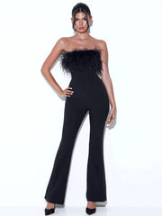 Feather Trim Strapless Jumpsuit