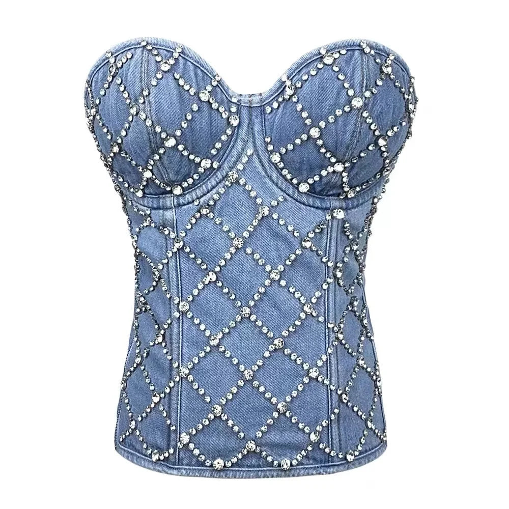 Denim Rhinestone Bustier Corset Top