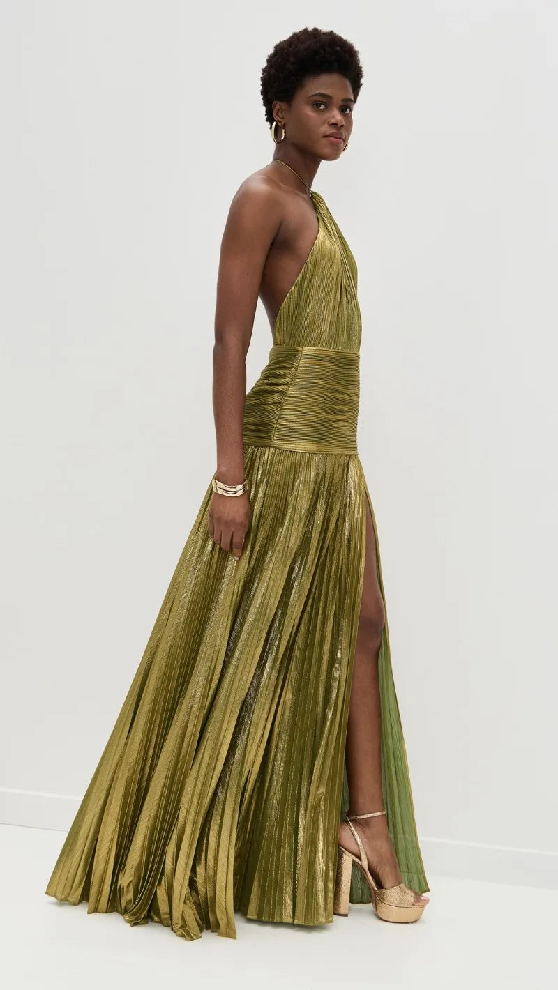 Metallic Halter Maxi Dress with Pleated Skirt