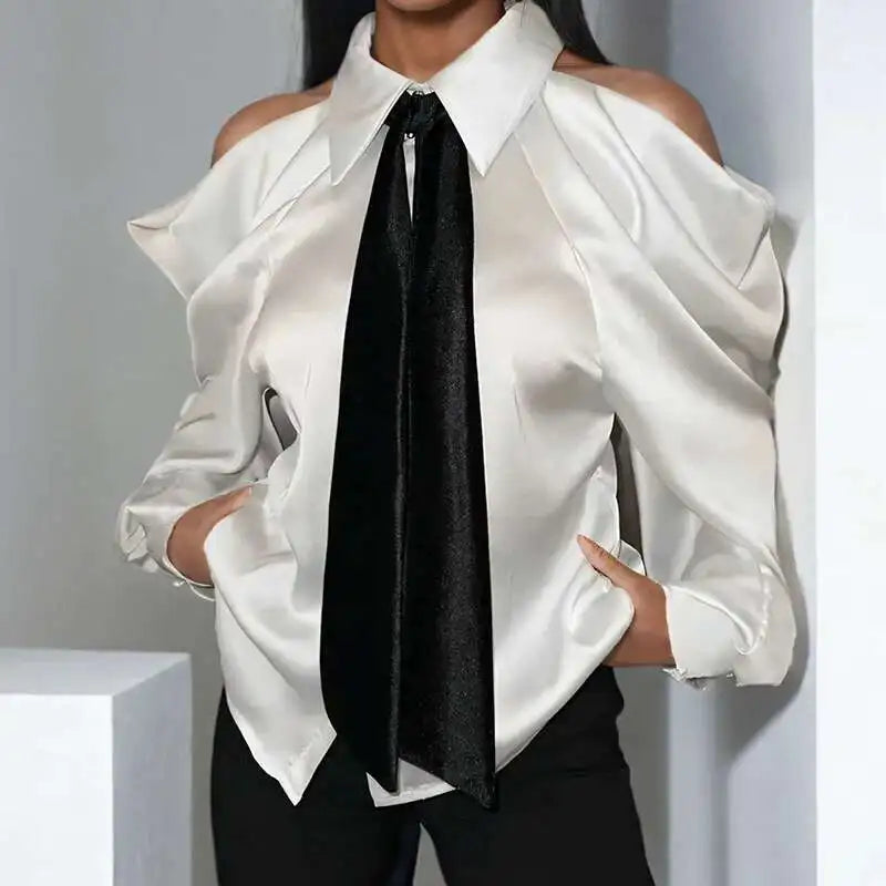 Elegant Off-Shoulder Satin Blouse with Black Tie
