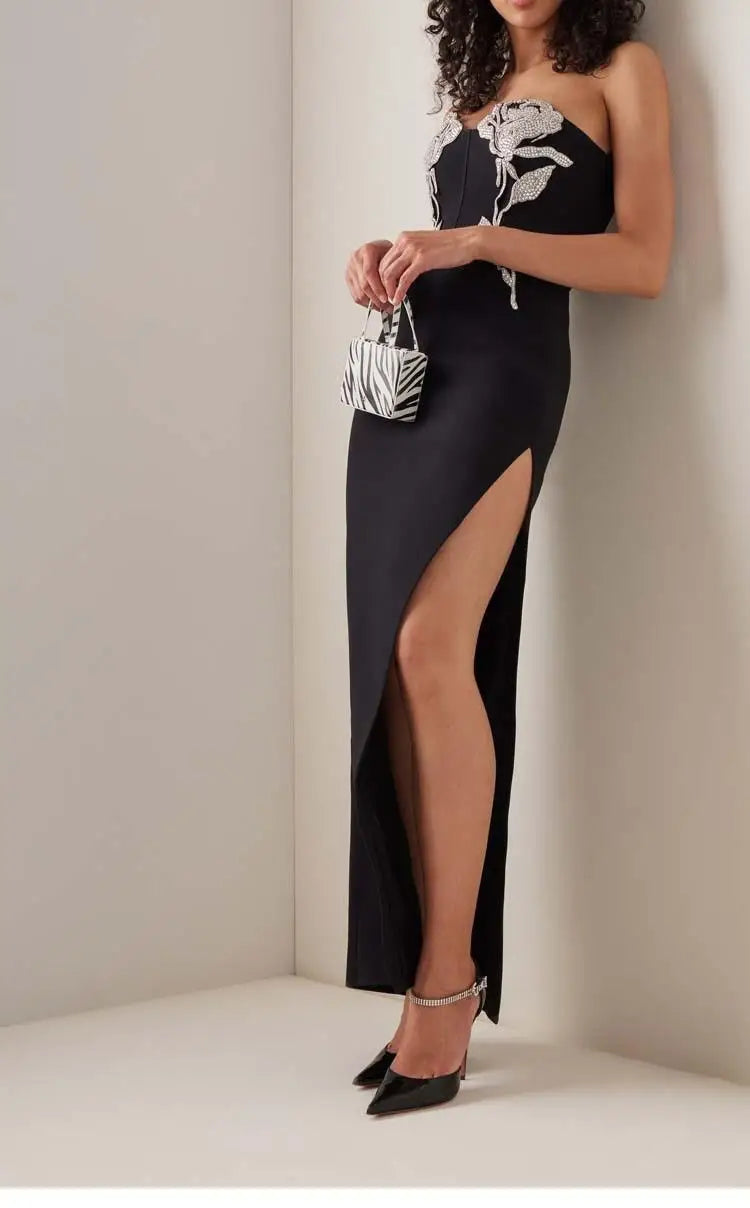 Black Strapless Embellished Floral Slit Maxi Dress