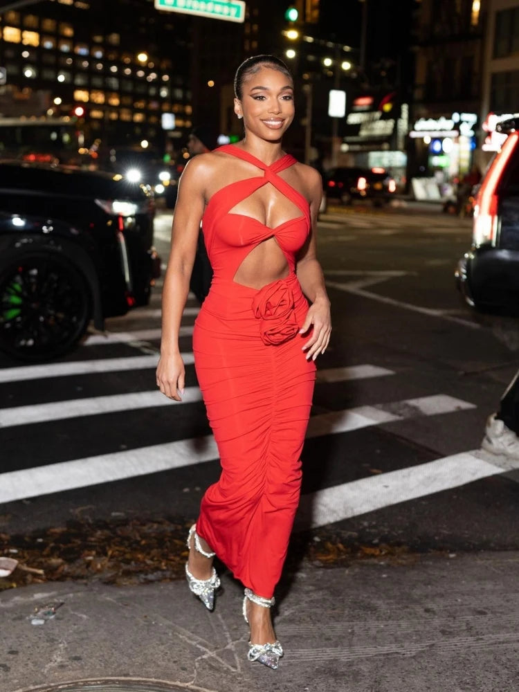 Red Ruched Cut-Out Halter Maxi Dress