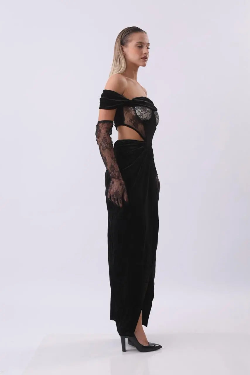 Black Velvet Cutout Gown | Off-Shoulder Lace Corset Dress | Elegant Maxi Dress with Gloves MYLINE