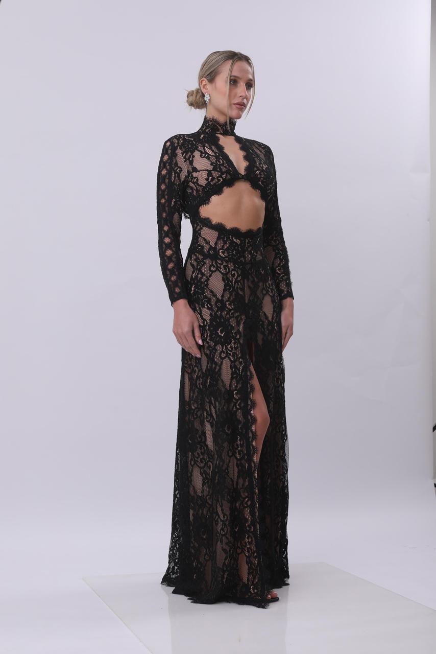 Noir Lace Cut-Out Maxi Dress