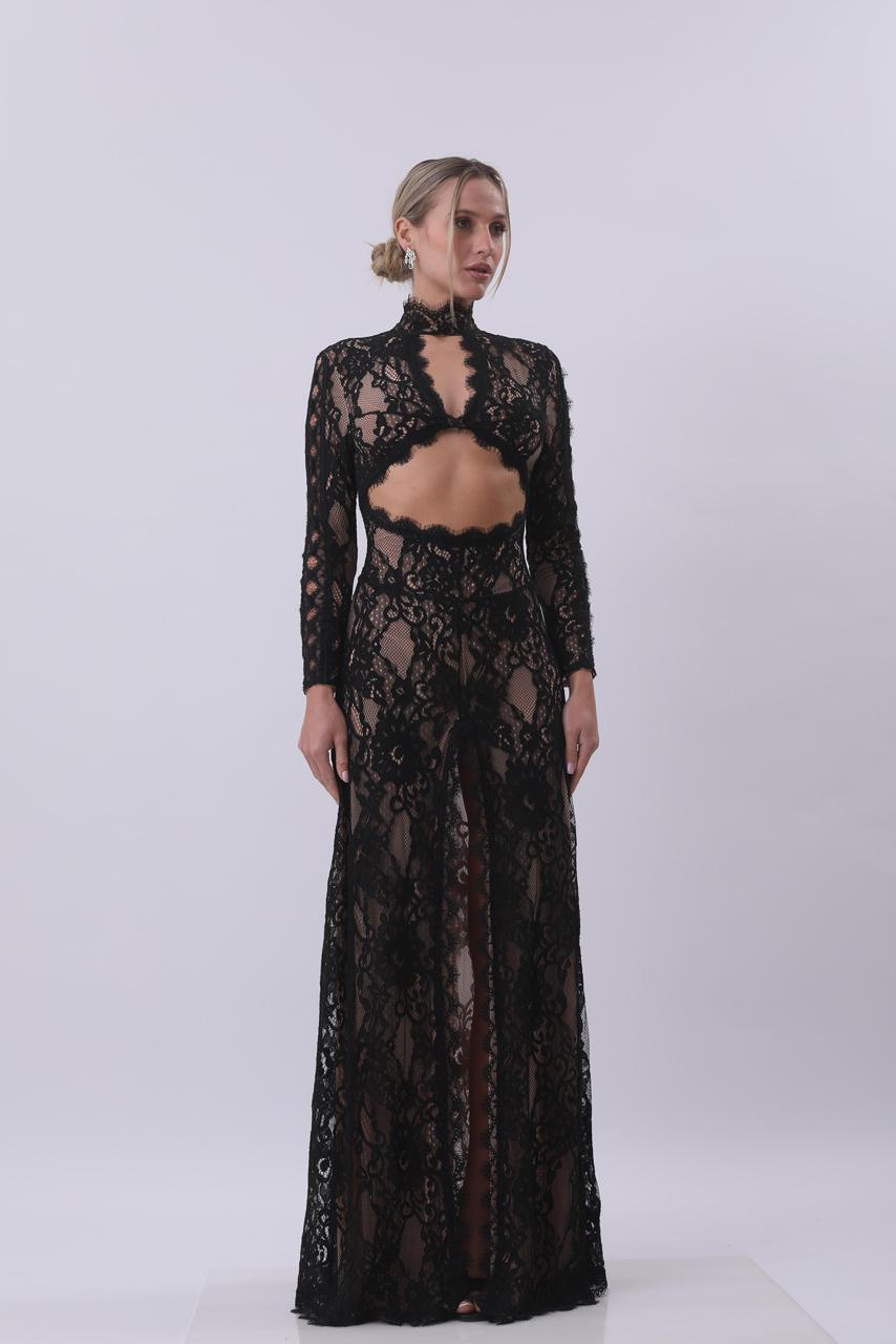 Noir Lace Cut-Out Maxi Dress