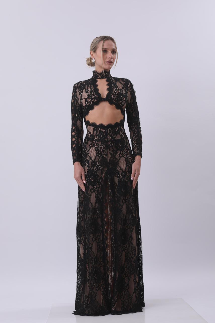 Noir Lace Cut-Out Maxi Dress