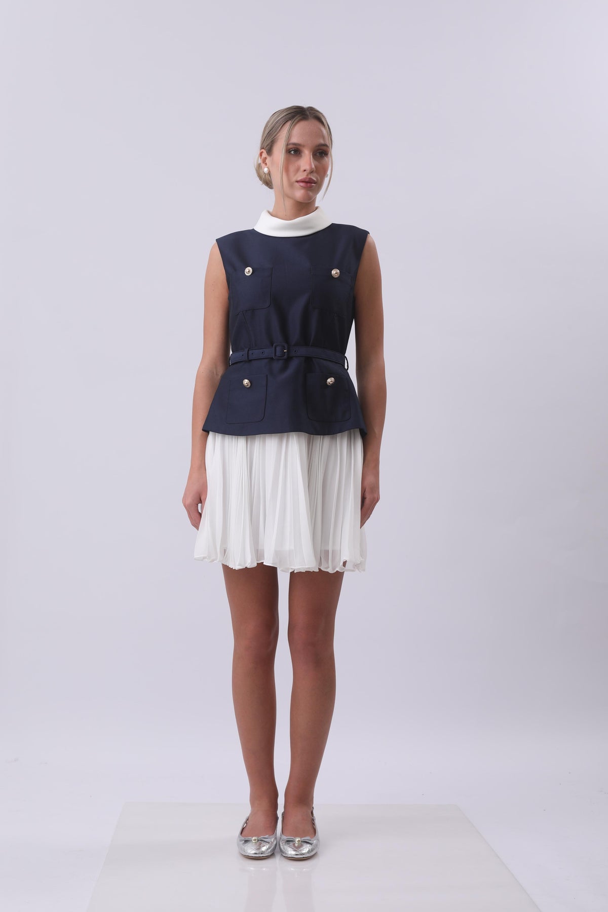 Navy Belted Vest & Pleated Skirt Set