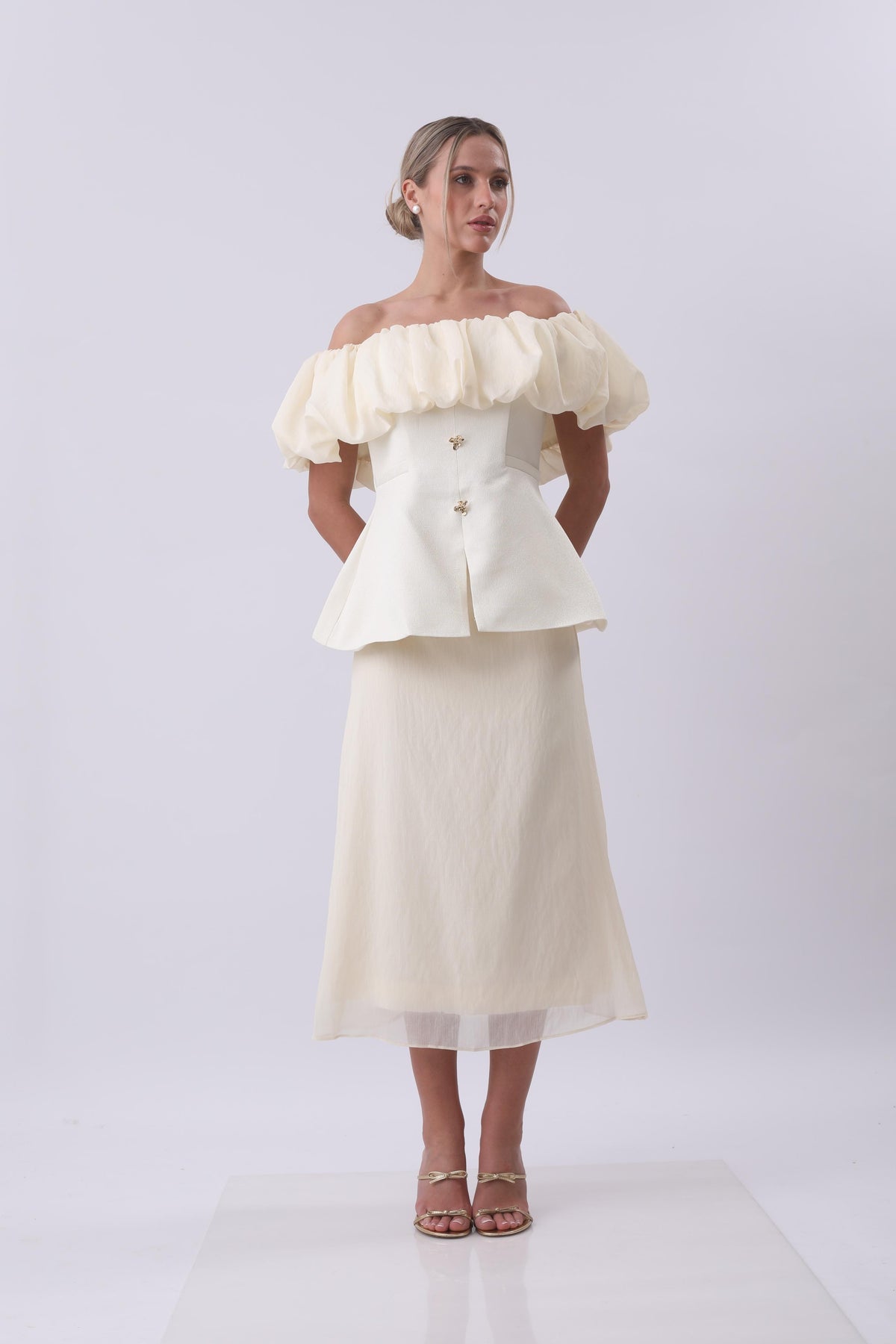 Ivory Bloom Off-Shoulder Structured Midi Dress