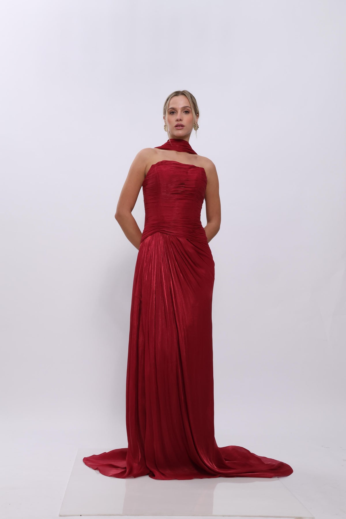 Sienna Pleated Scarf Gown – Peach Blush & Red