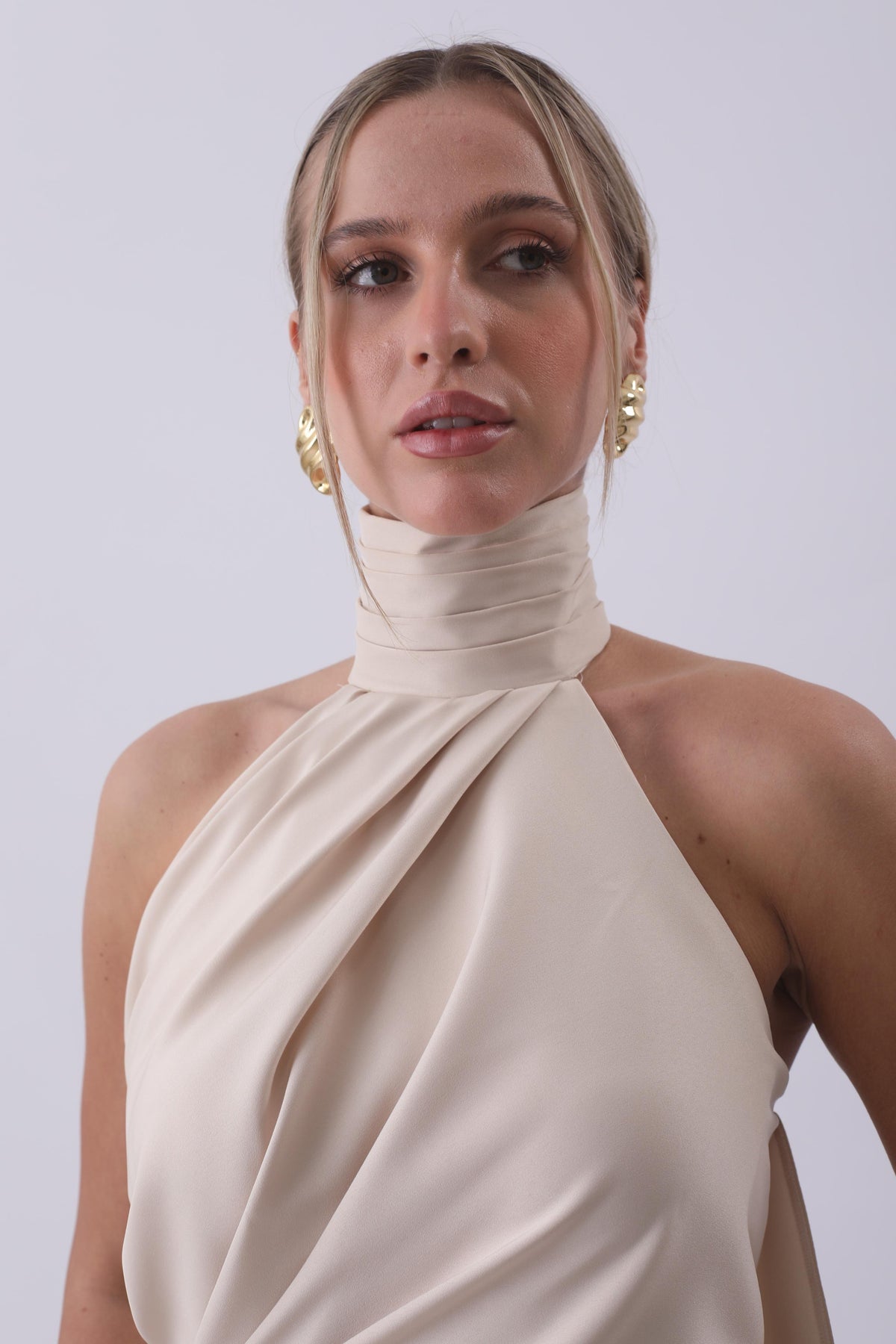 Athena Draped Halter Neck Maxi Dress – Champagne