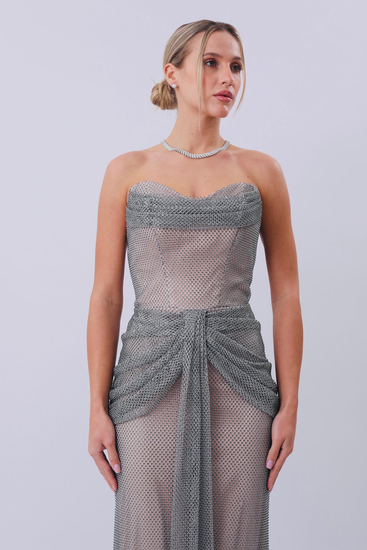 Seraphina Crystal Mesh Strapless Gown – Silver