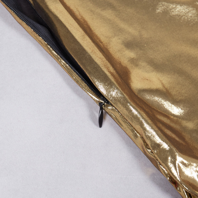 Gold Metallic Cut-Out Jumpsuit | Halter Neck Ring Detail Bodycon Party Catsuit for Club & Events MYLINE