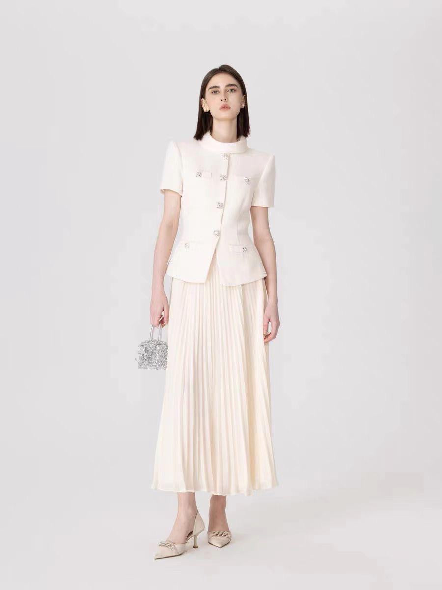 Ivory Crystal-Embellished Peplum Set with Pleated Midi Skirt