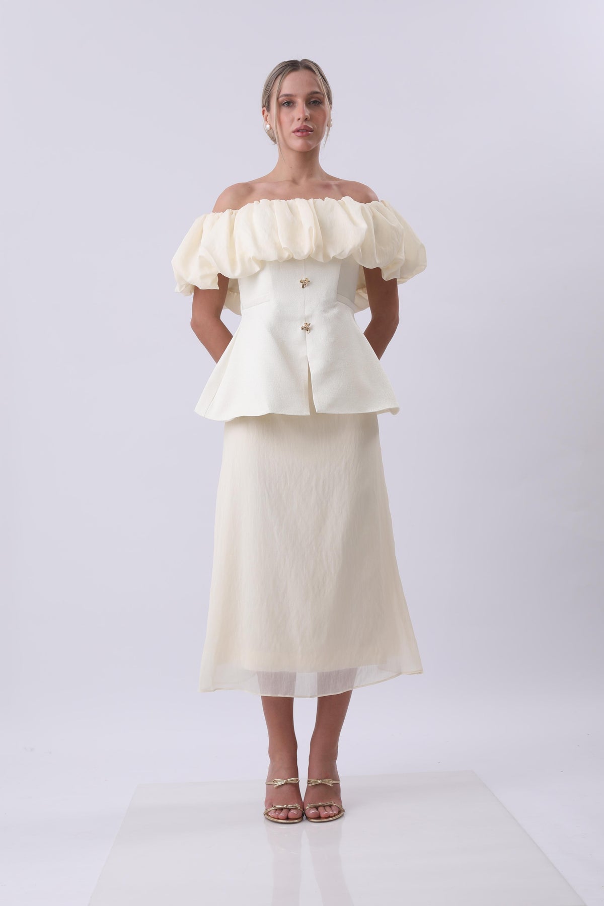 Ivory Bloom Off-Shoulder Structured Midi Dress