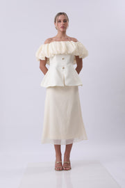 Ivory Bloom Off-Shoulder Structured Midi Dress