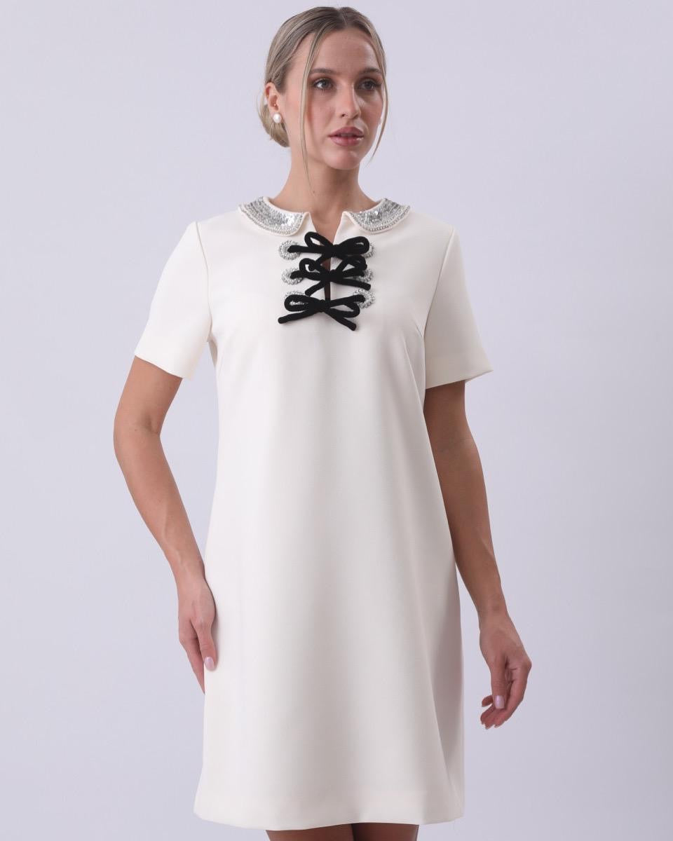 Velour Bow Collar Mini Dress - Ivory