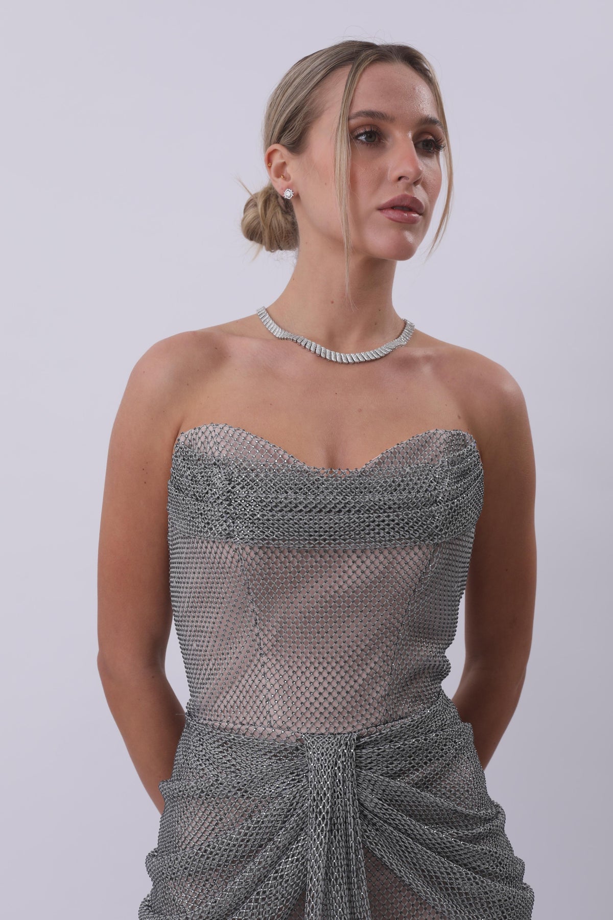 Seraphina Crystal Mesh Strapless Gown – Silver