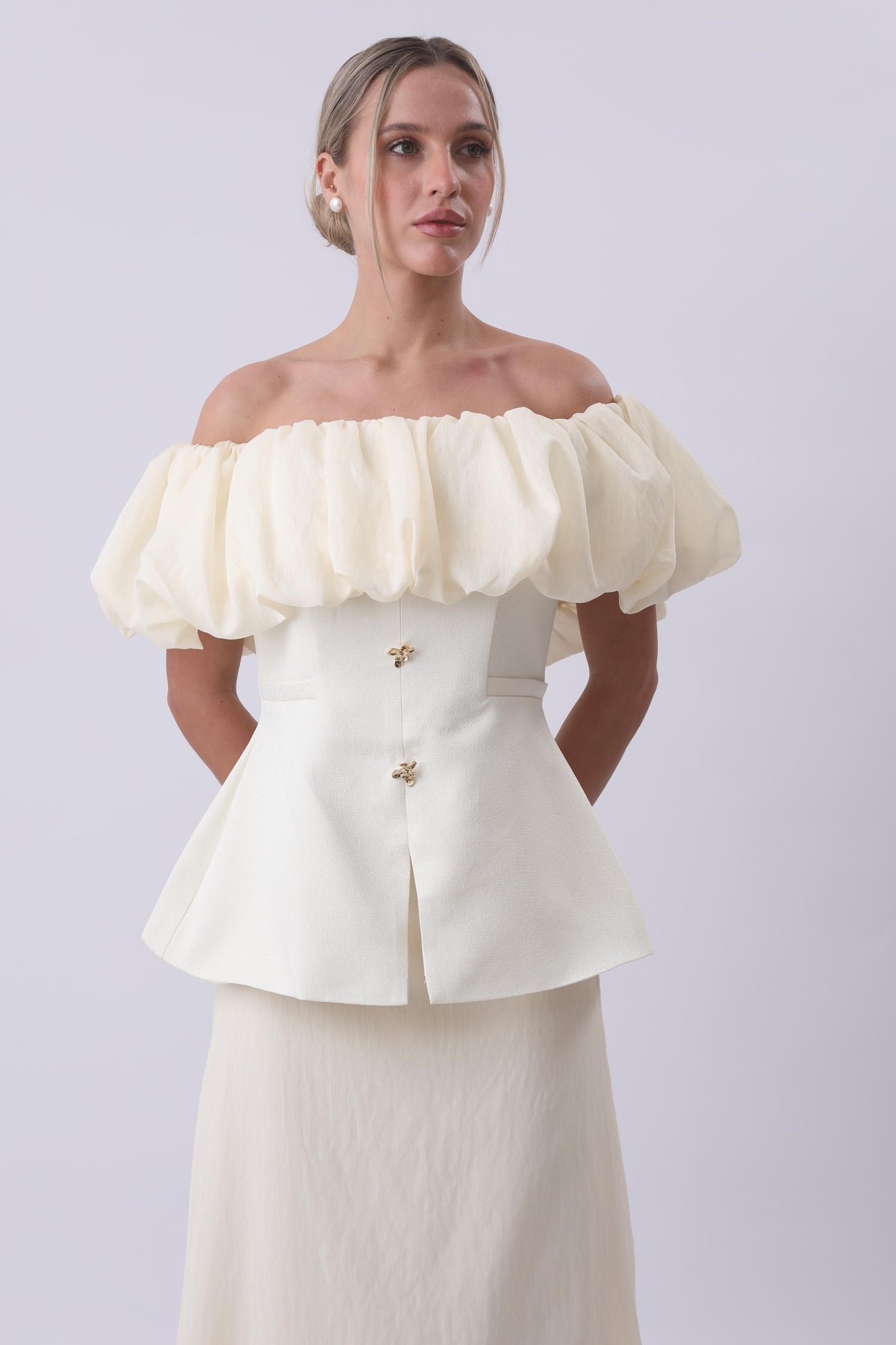 Ivory Bloom Off-Shoulder Structured Midi Dress