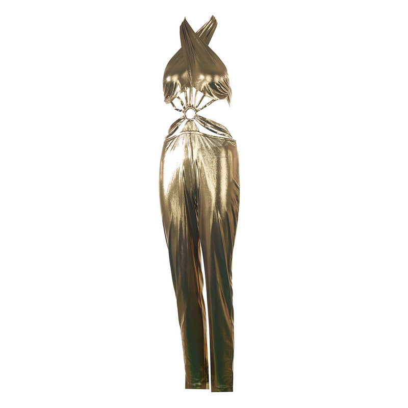 Gold Metallic Cut-Out Jumpsuit | Halter Neck Ring Detail Bodycon Party Catsuit for Club & Events MYLINE