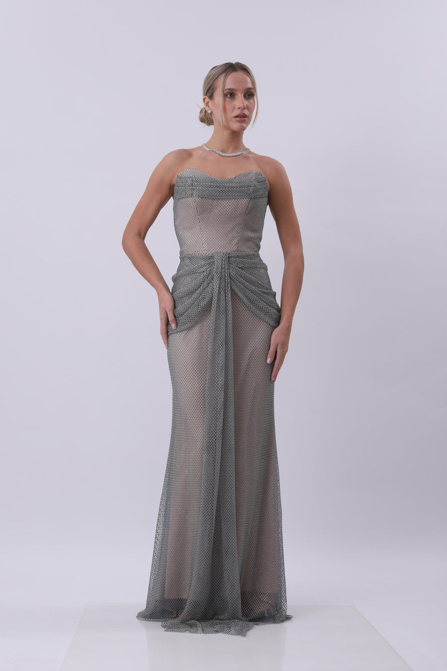 Seraphina Crystal Mesh Strapless Gown – Silver